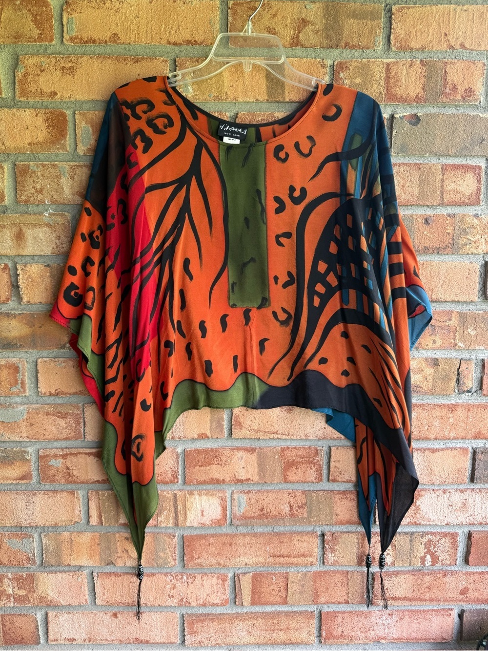 Vintage Dilemma Vibrant Abstract 100% Silk Poncho Top Art to Wear Maximalist OS